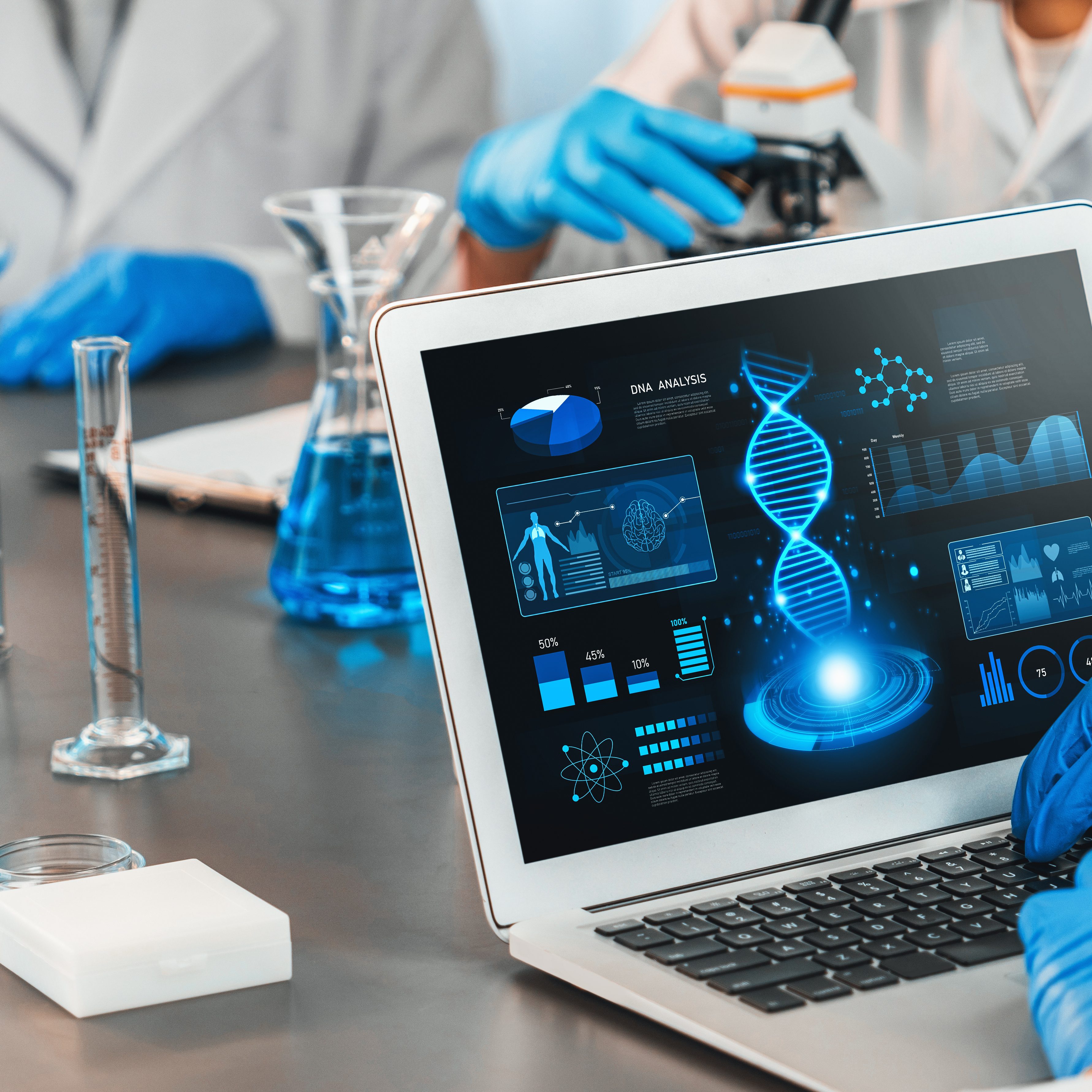 Dedicated scientist group working on advance biotechnology computer software to study or analyze DNA data after making scientific breakthrough from chemical experiment on medical laboratory. Neoteric